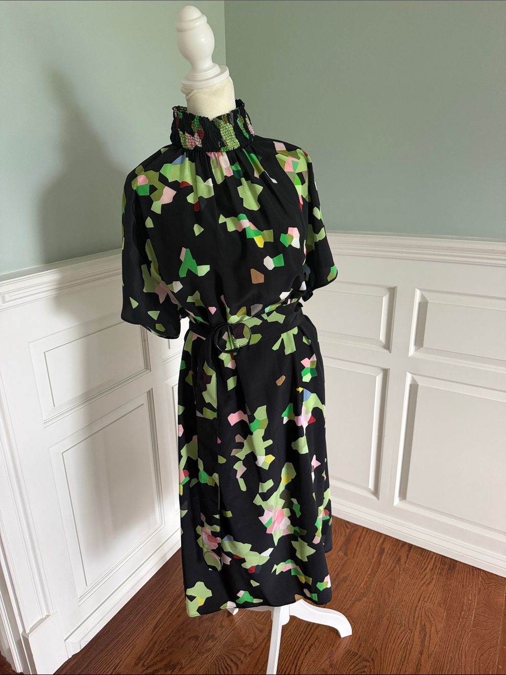 Akris Punto Black Midi Dress with Green, Pink & Tan Abstract Print